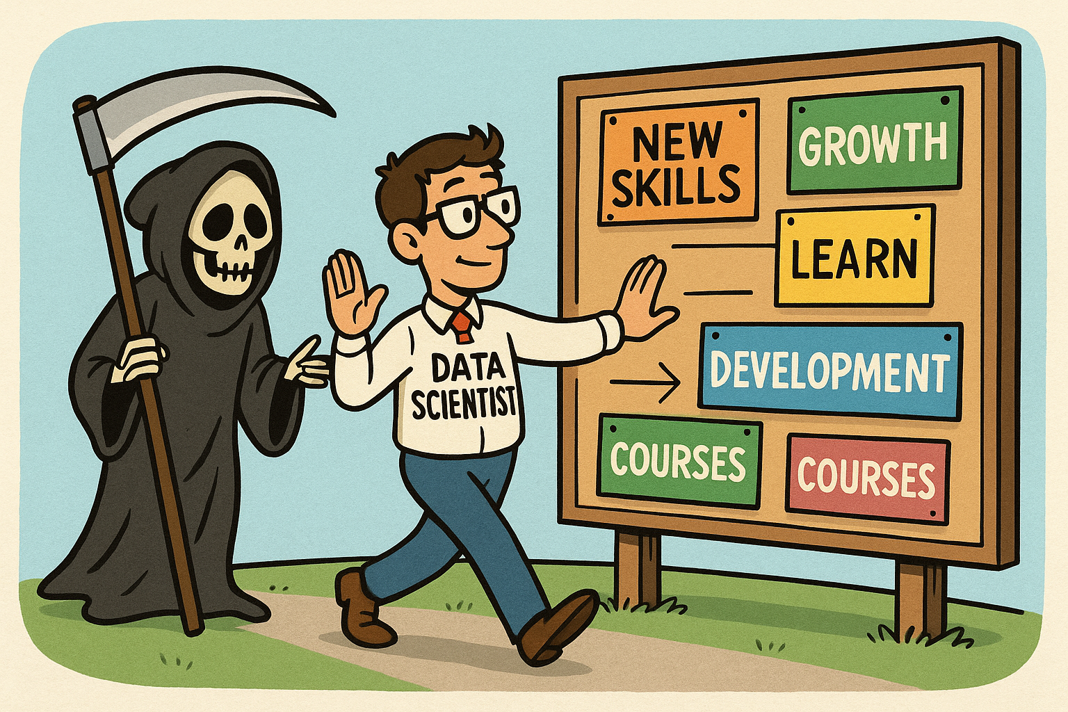 Image showing DS leaving the grim reaper and working on growing knowledge
